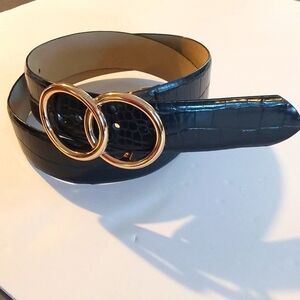 Women's Black Croc Embossed Dress Belt Gold Double Circle Buckle New Sz.M